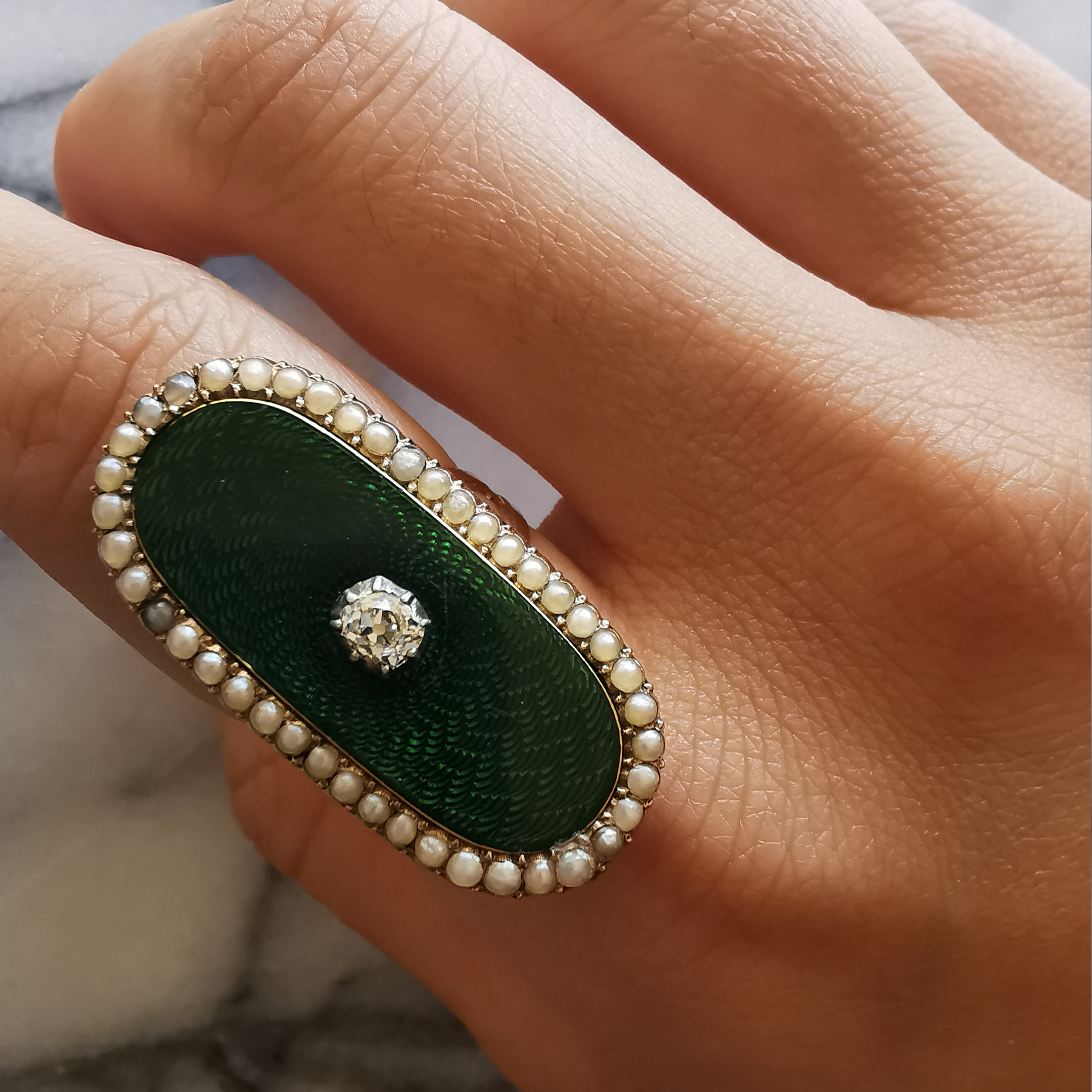 Guilloche Diamond and Pearl Ring