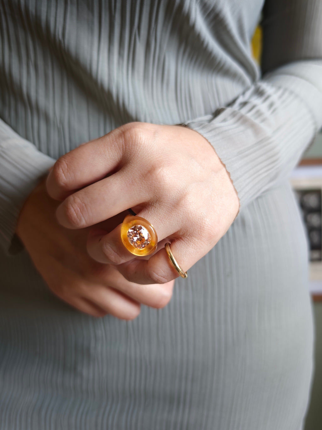 Dandelion yellow lucite and diamond ring