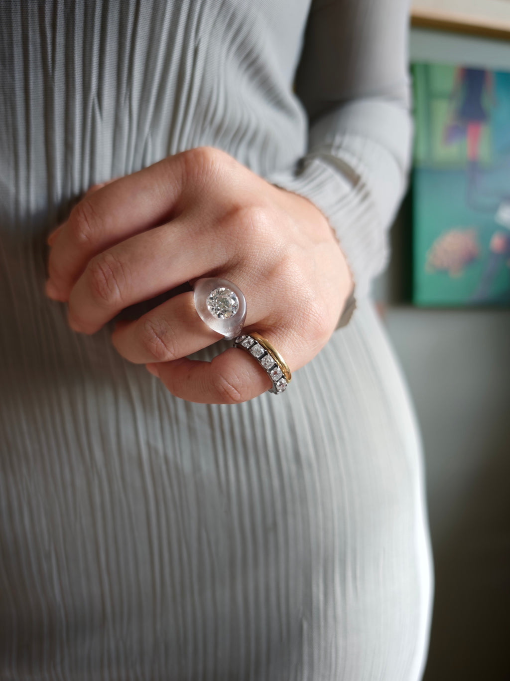 Dove Grey Lucite and Diamond Ring
