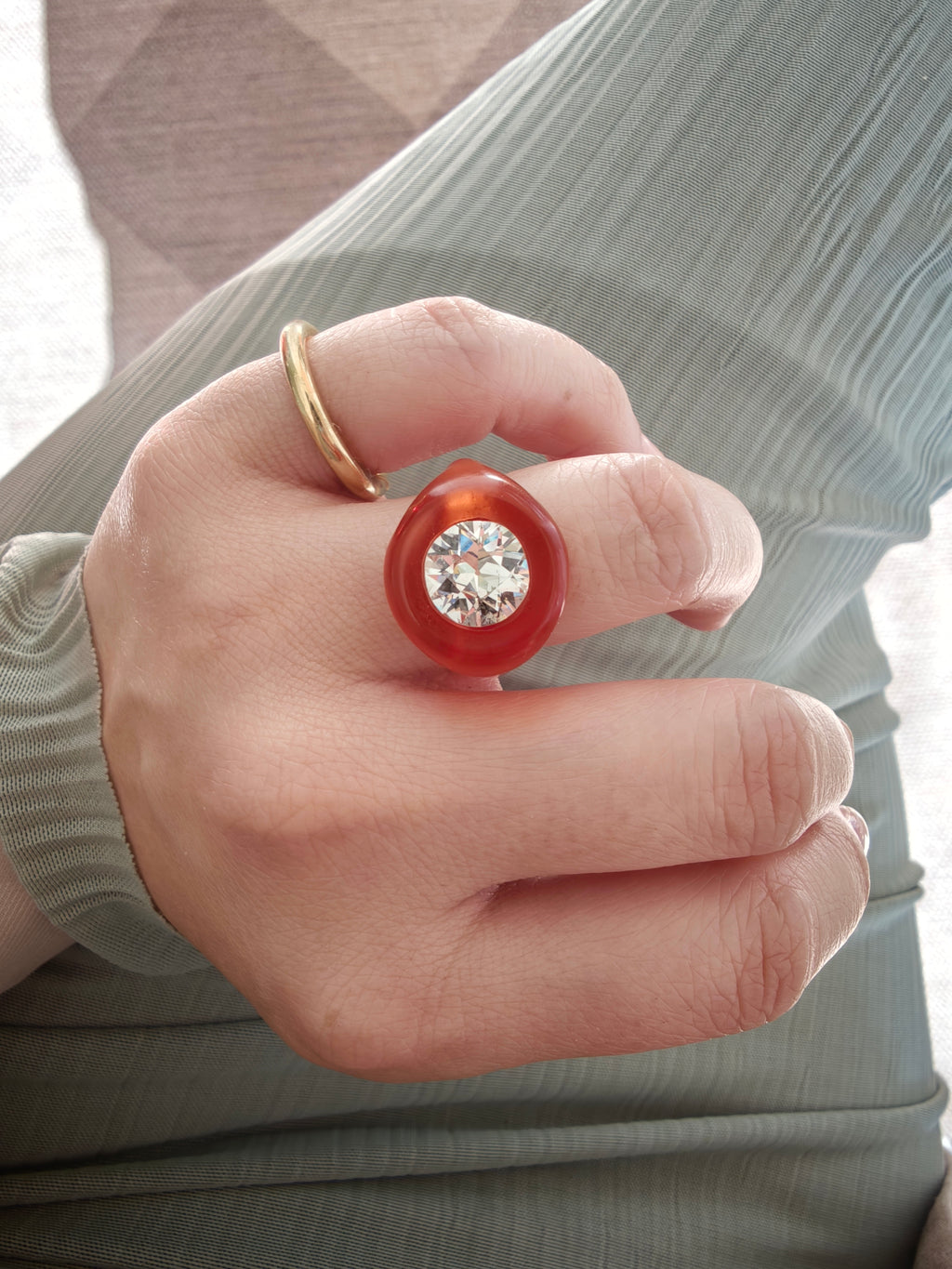 Burnt Orange Lucite and Diamond Ring