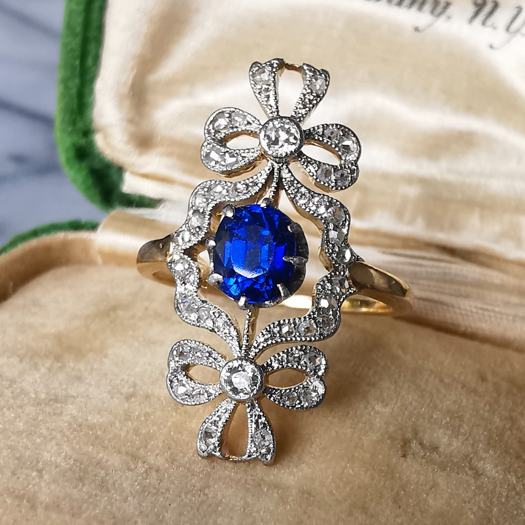 Platinum, Sapphire and Diamond Ribbon Ring