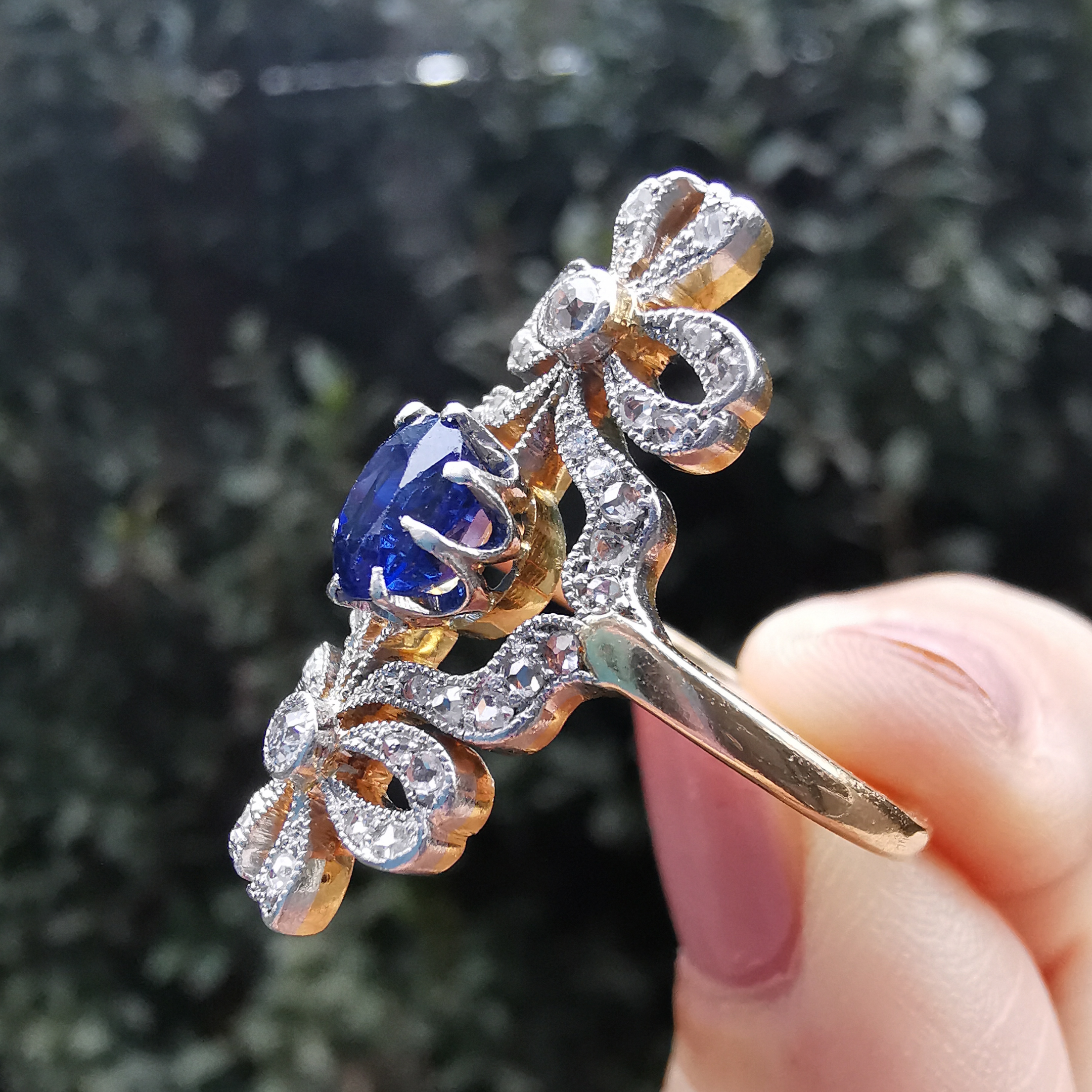 Platinum, Sapphire and Diamond Ribbon Ring